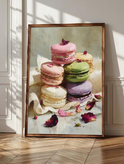 Macaron wall art: French macarons in rose, pistachio and lavender on cream linen