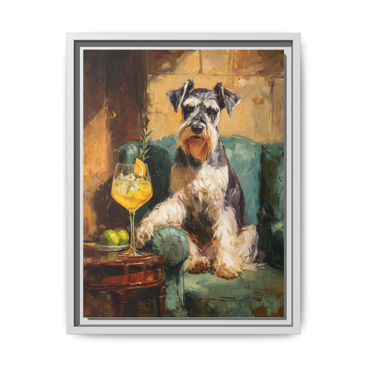 Schnauzer wall art framed canvas print in a white wood frame