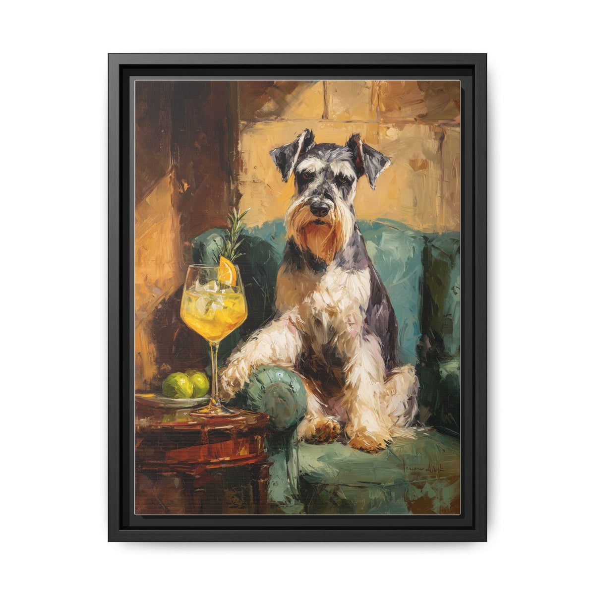 Schnauzer wall art framed canvas print in a black wood frame