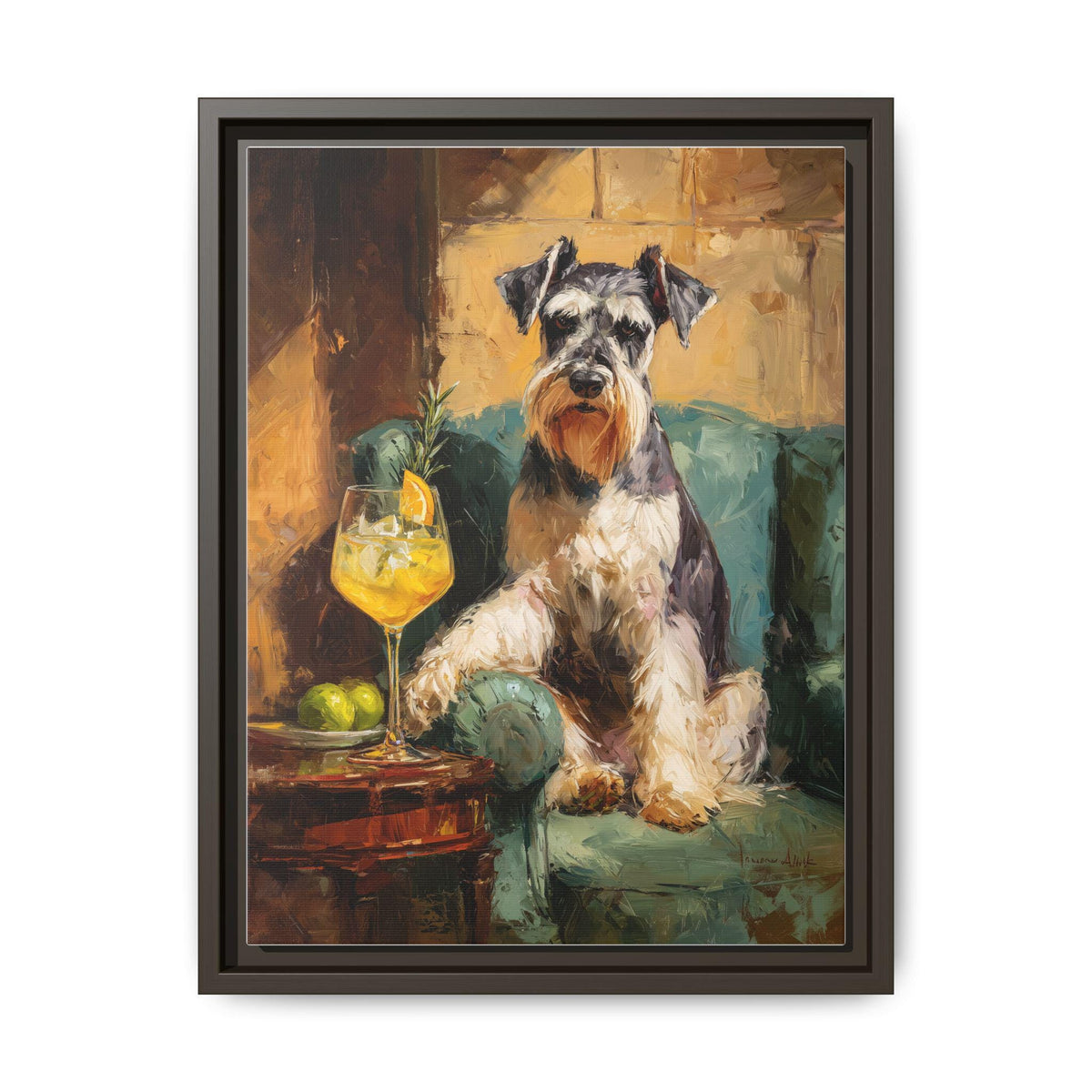 Schnauzer wall art framed canvas print in an espresso wood frame