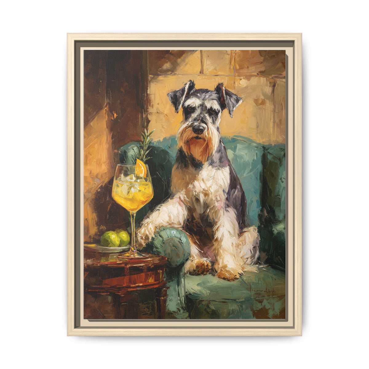 Schnauzer wall art framed canvas print in a natural wood frame