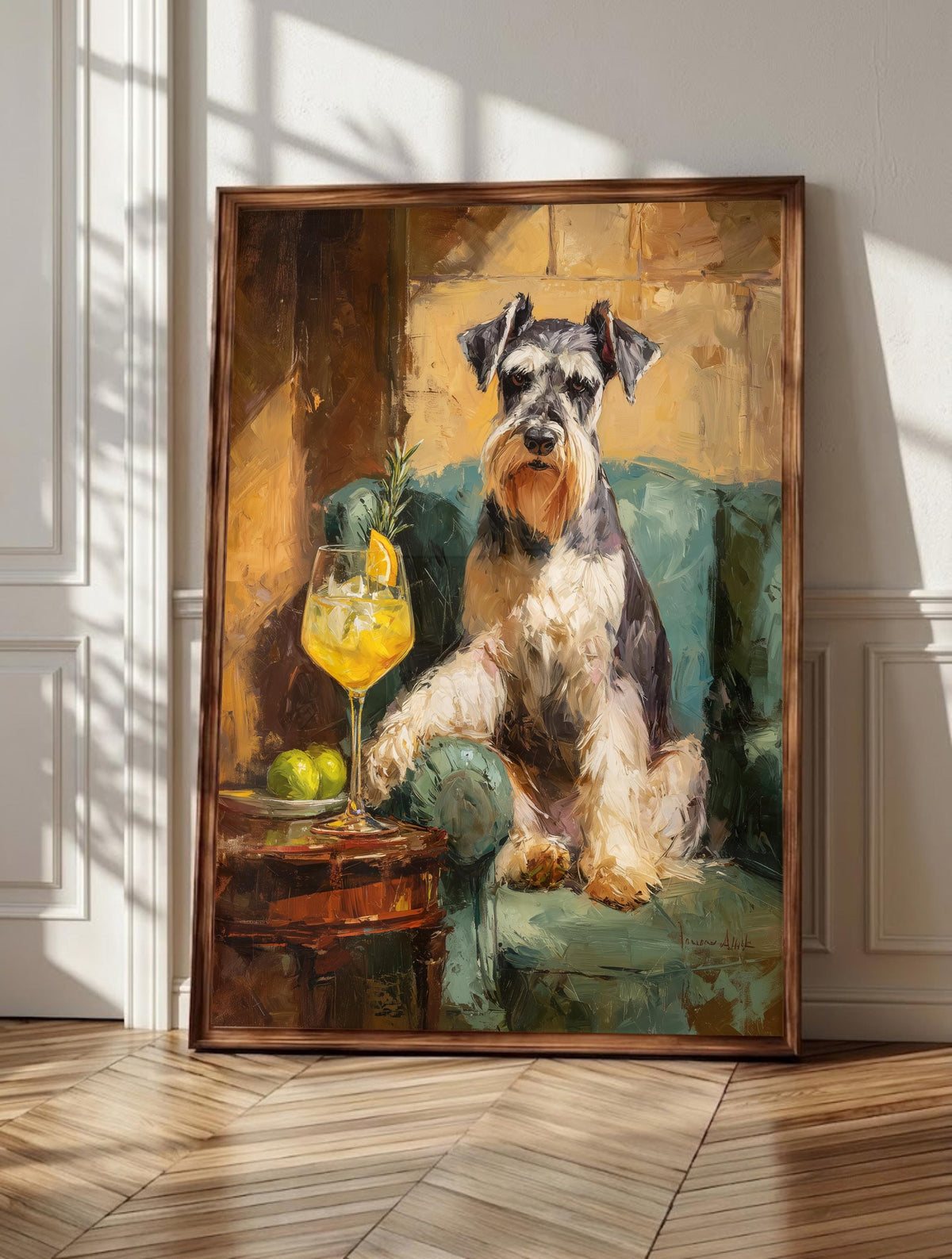 Schnauzer wall art: a Miniature Schnauzer seated on a teal velvet sofa, framed canvas