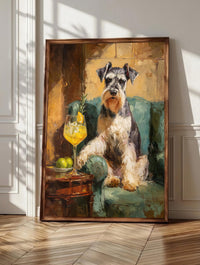 Schnauzer wall art: a Miniature Schnauzer seated on a teal velvet sofa, framed canvas