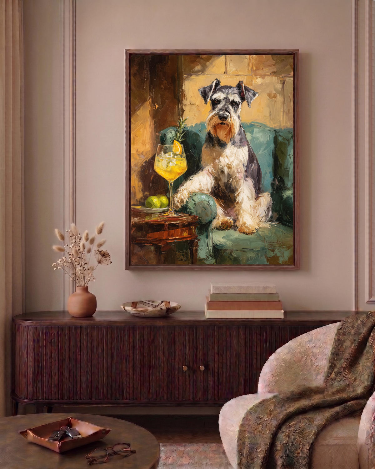 Dog portrait framed canvas in a handmade solid wood frame, ready to hang