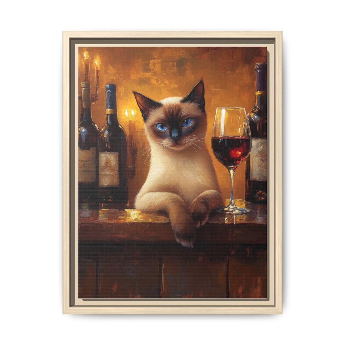 Siamese Cat wall art framed canvas print in a natural wood frame