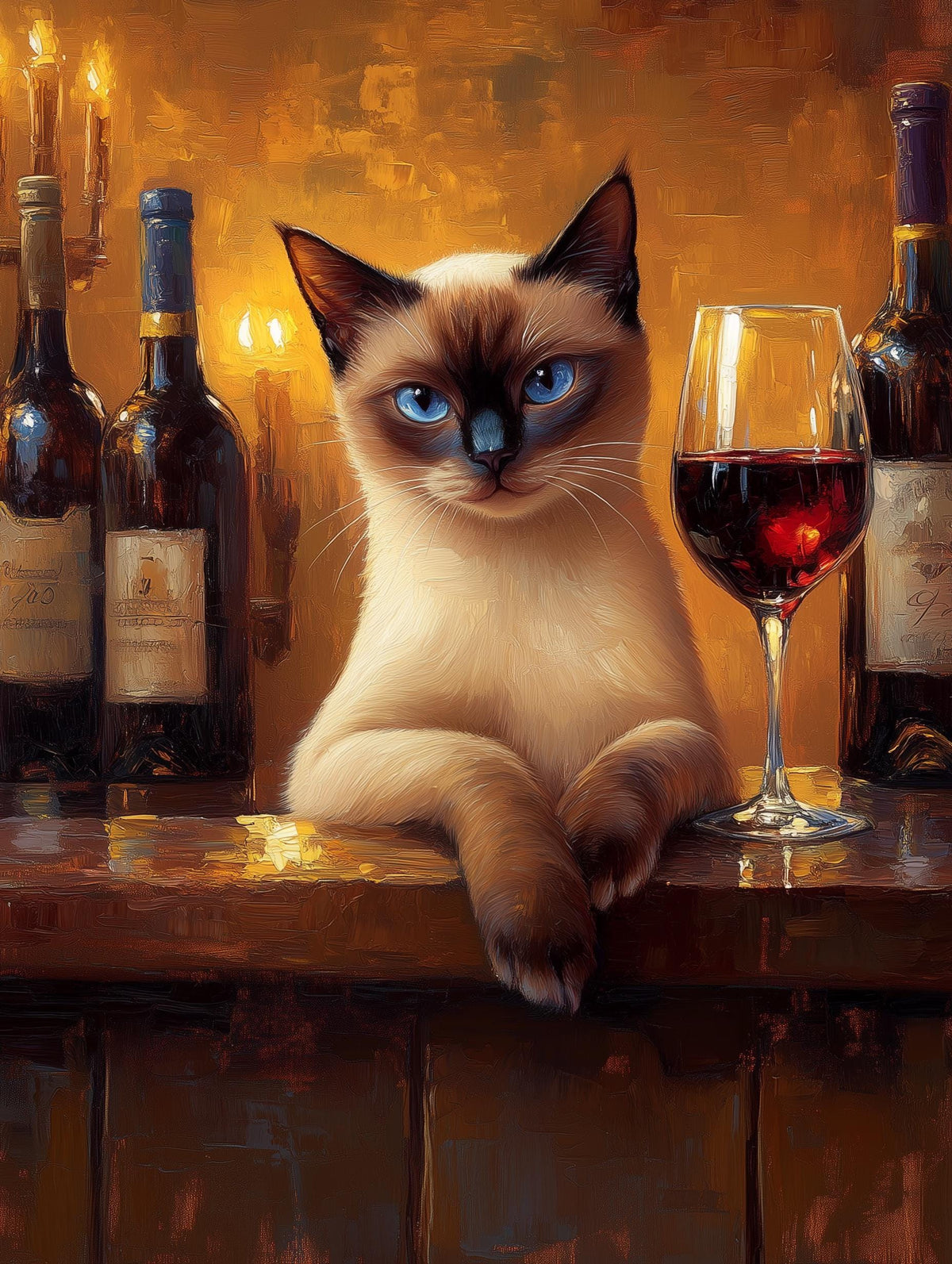 Painterly cat canvas print with wine glasses glowing in warm amber light