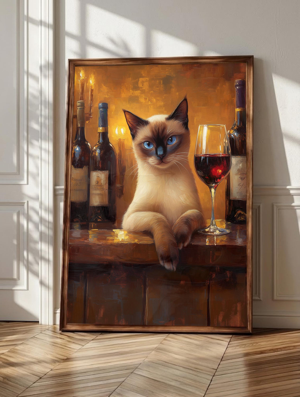 Siamese cat wall art: a blue-eyed Siamese holding court in a candlelit wine bar