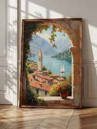 Lake Garda wall art: a stone arch framing terracotta rooftops and sailboats, framed canvas