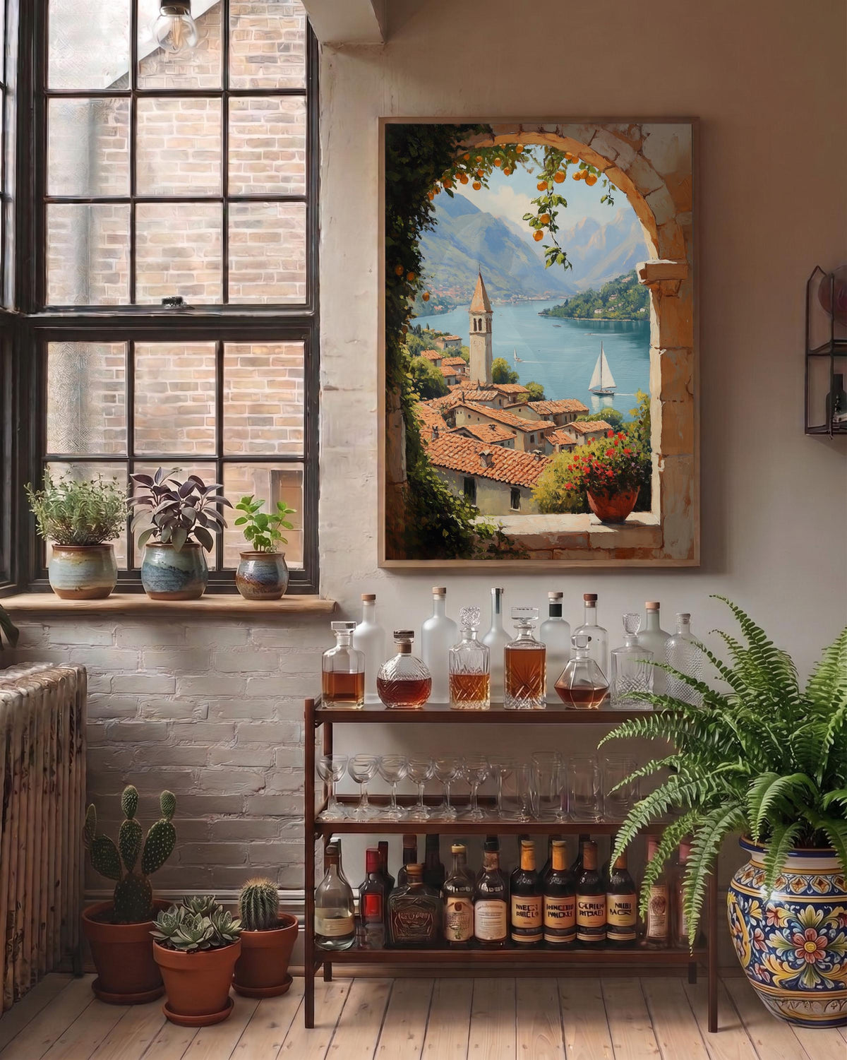 Oil-painting style Italy landscape in terracotta and blue, made to order framed canvas