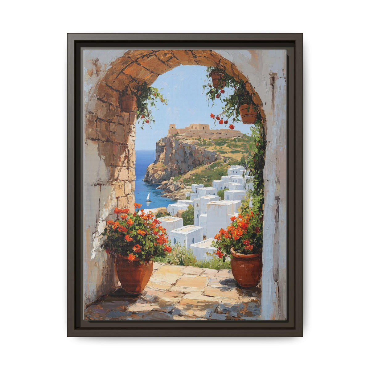 Rhodes wall art framed canvas print in an espresso wood frame