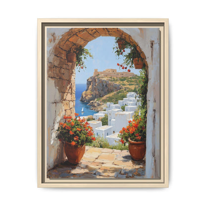 Rhodes wall art framed canvas print in a natural wood frame