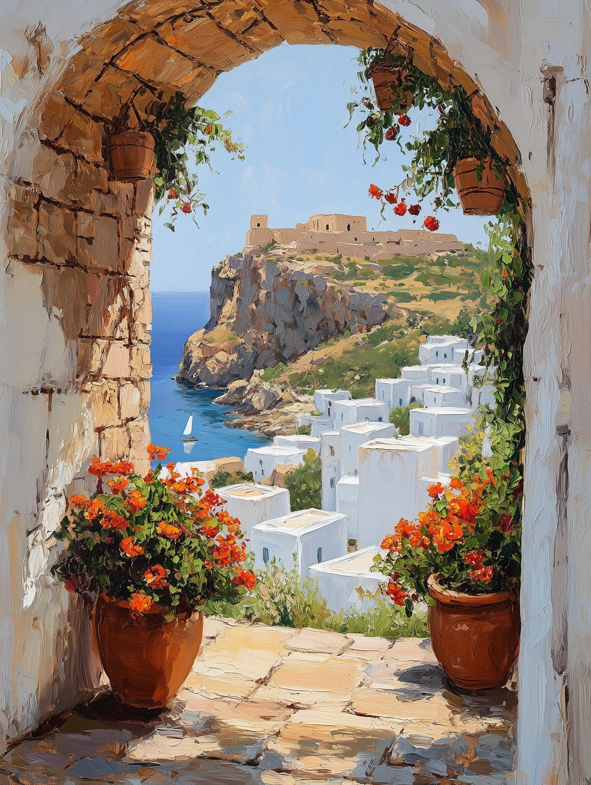 Painterly Greece canvas print with red geraniums and a sailboat on blue water