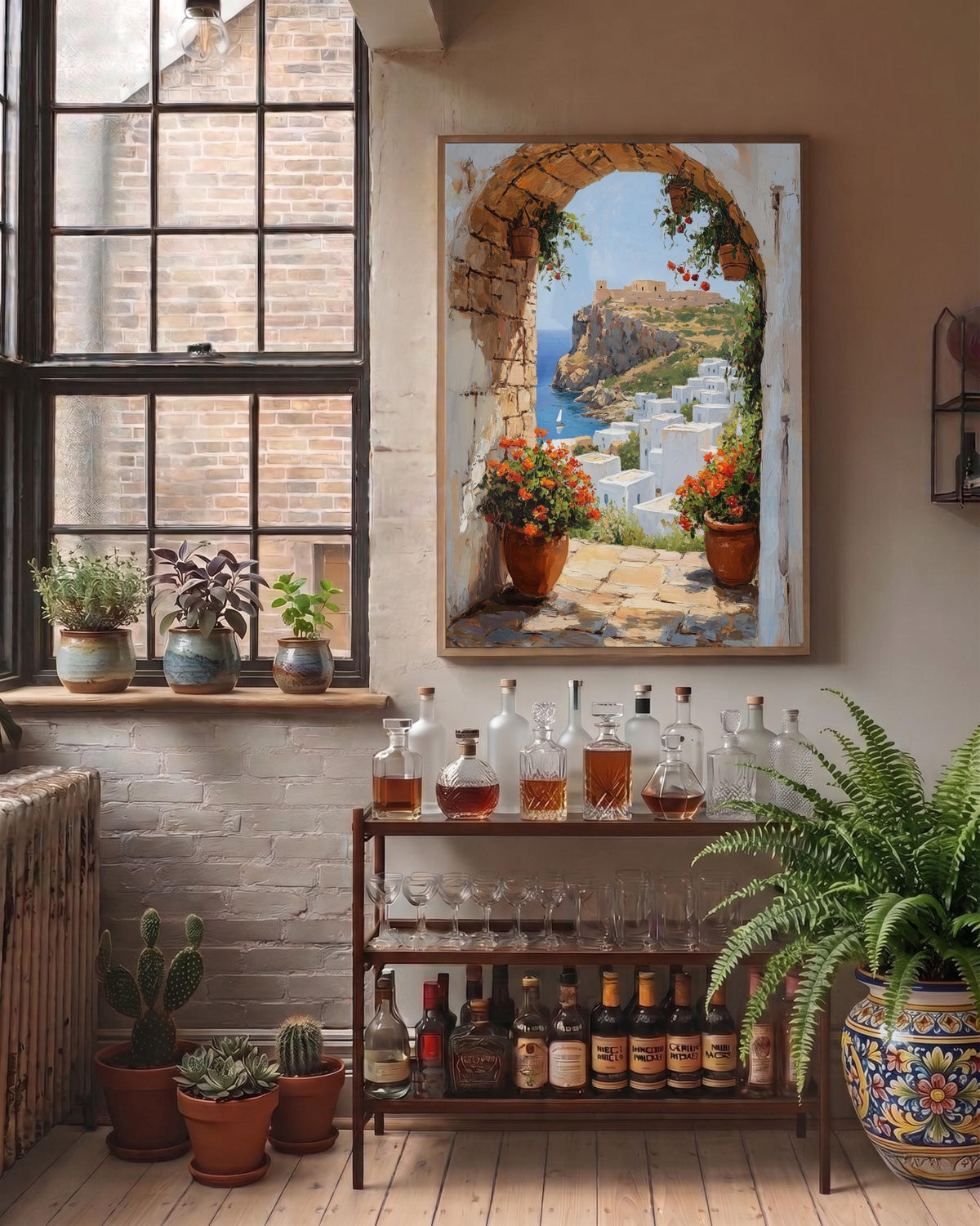 Greek island framed canvas hand-framed in solid wood, ready to hang