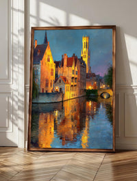 Bruges wall art: the Belfry Tower glowing amber over a quiet canal at dusk, framed canvas