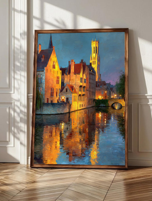 Bruges wall art: the Belfry Tower glowing amber over a quiet canal at dusk, framed canvas