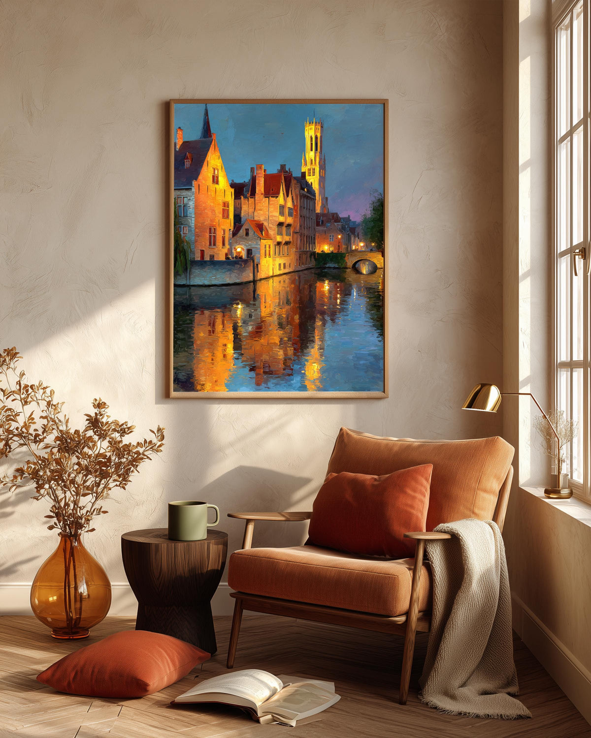 Belgium canal framed canvas art set in a solid wood frame, ready to hang