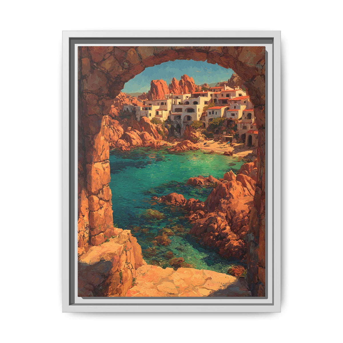 Sardinia wall art framed canvas print in a white wood frame
