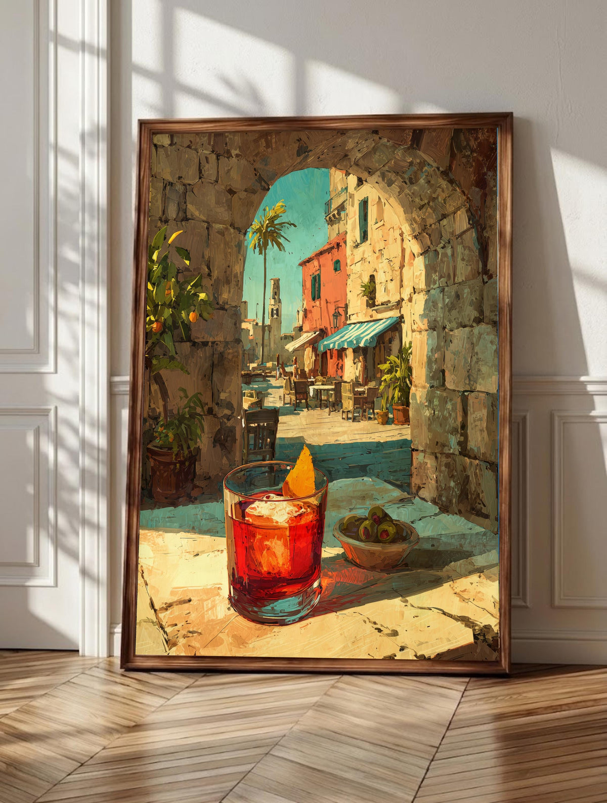 Negroni wall art: a glowing aperitivo glass at golden hour beneath a piazza archway