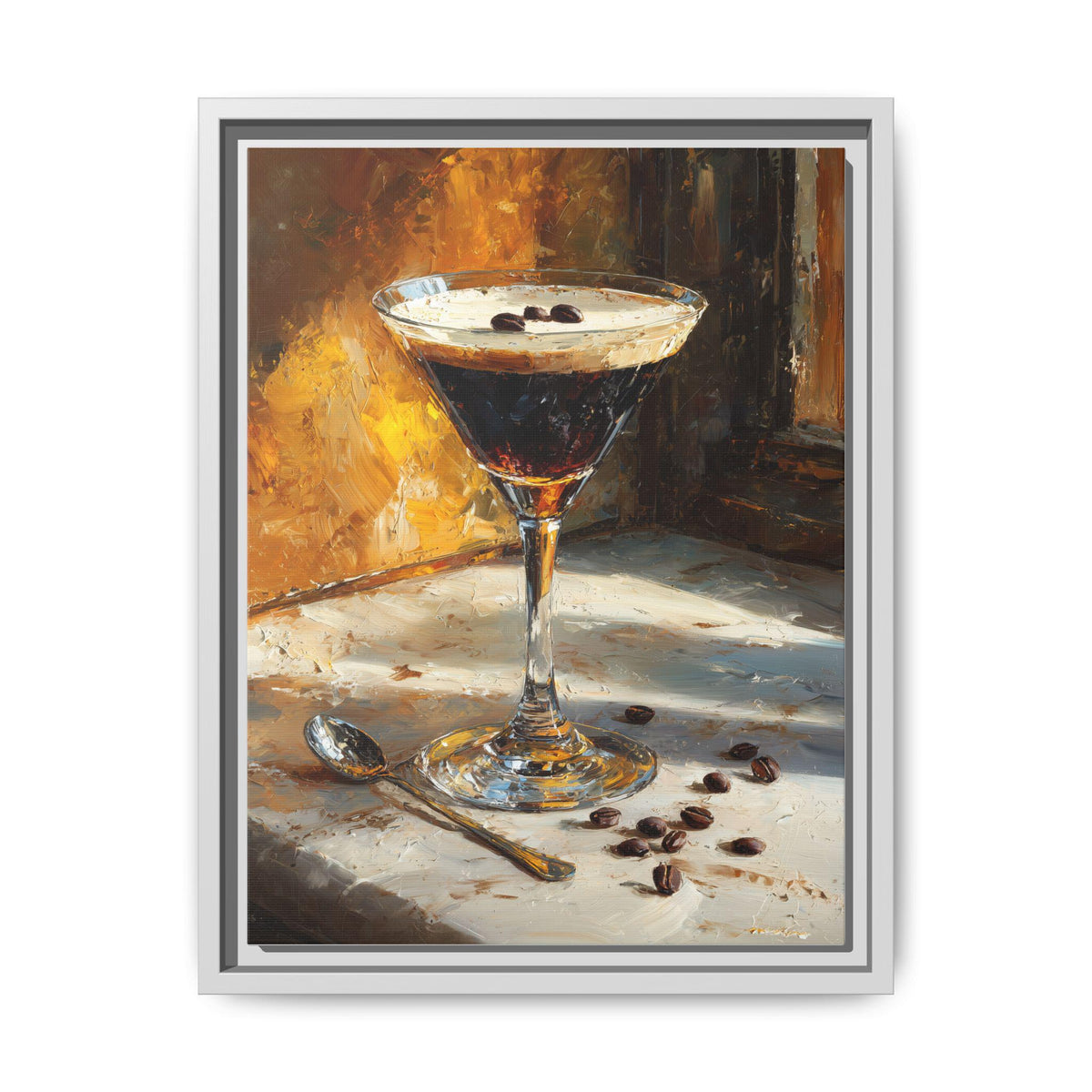Espresso Martini wall art framed canvas print in a white wood frame