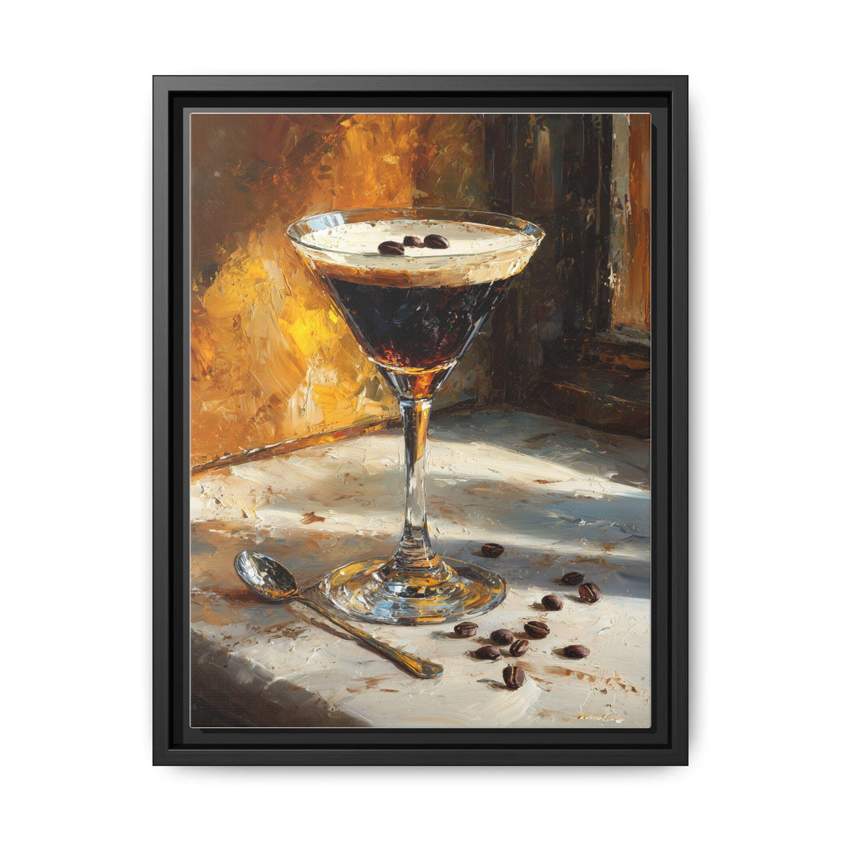 Espresso Martini wall art framed canvas print in a black wood frame
