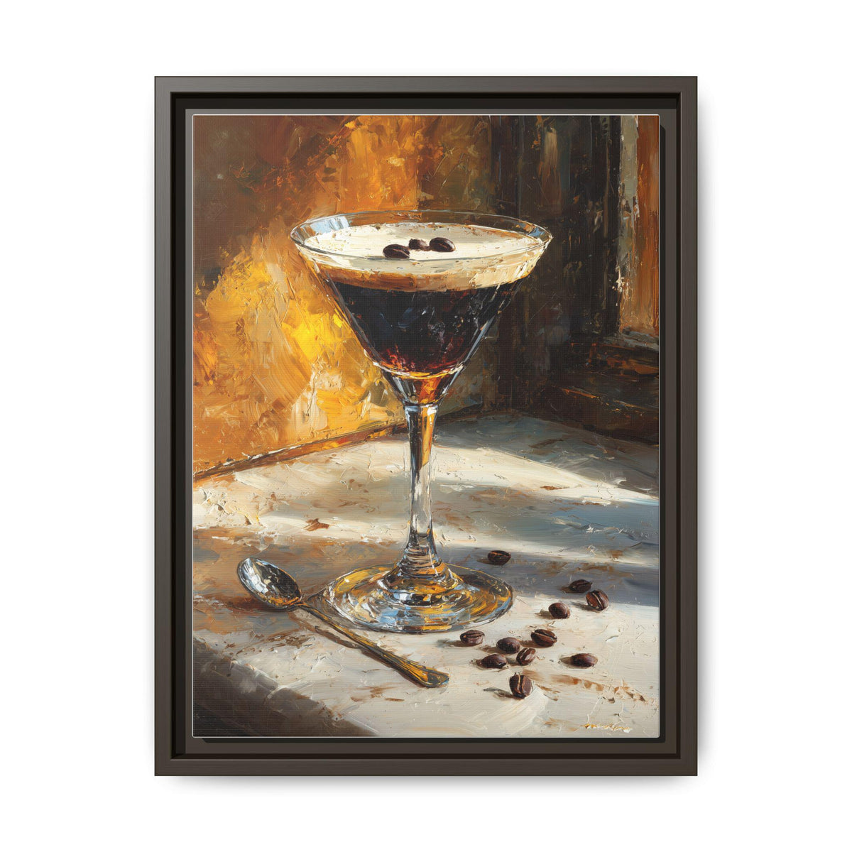 Espresso Martini wall art framed canvas print in an espresso wood frame