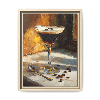 Espresso Martini wall art framed canvas print in a natural wood frame