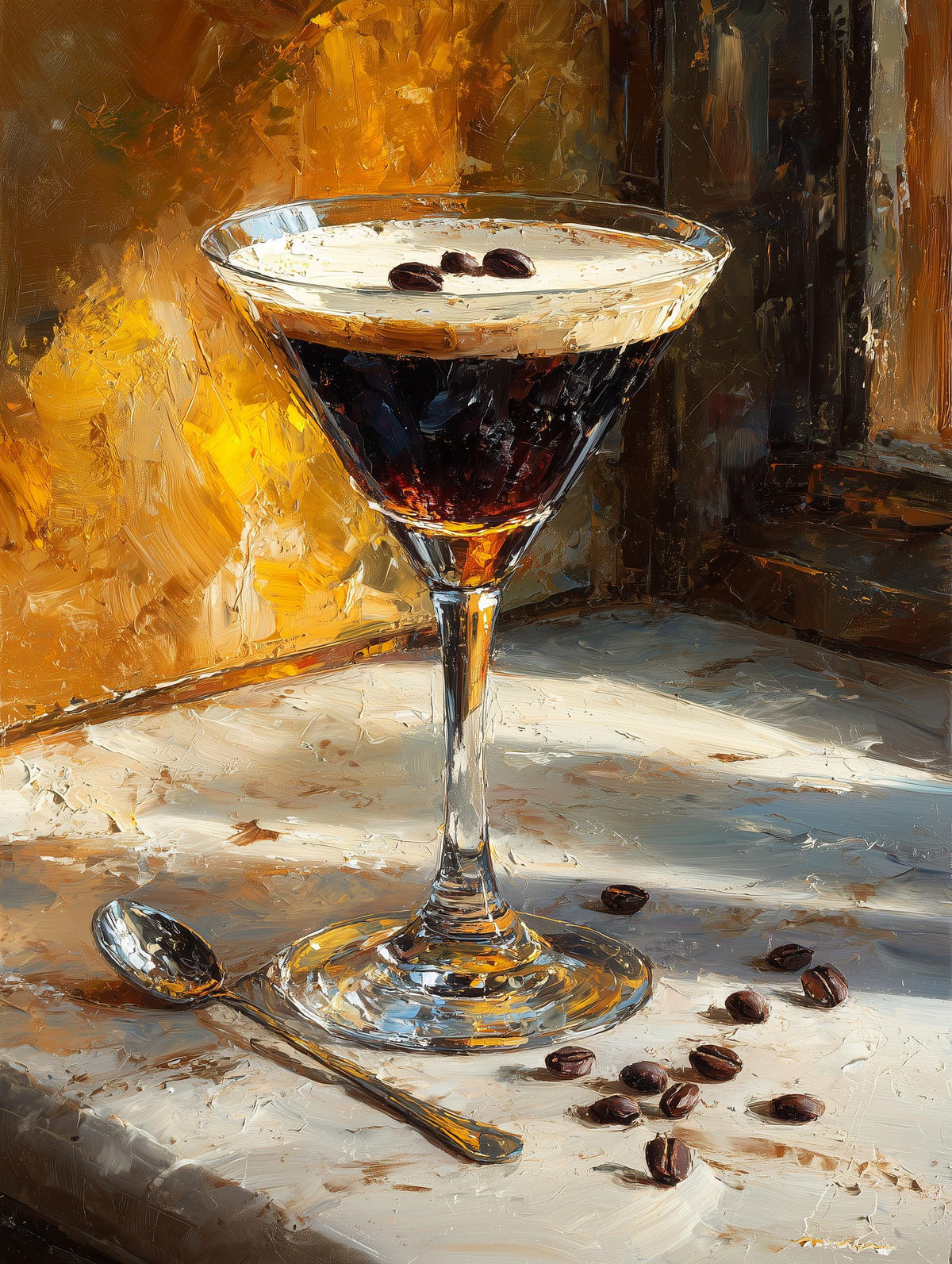 Painterly cocktail canvas print lit low and dark against a moody background