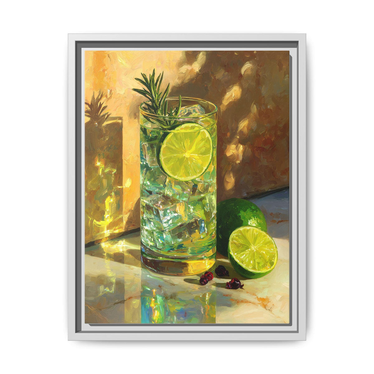 Gin and Tonic wall art framed canvas print in a white wood frame