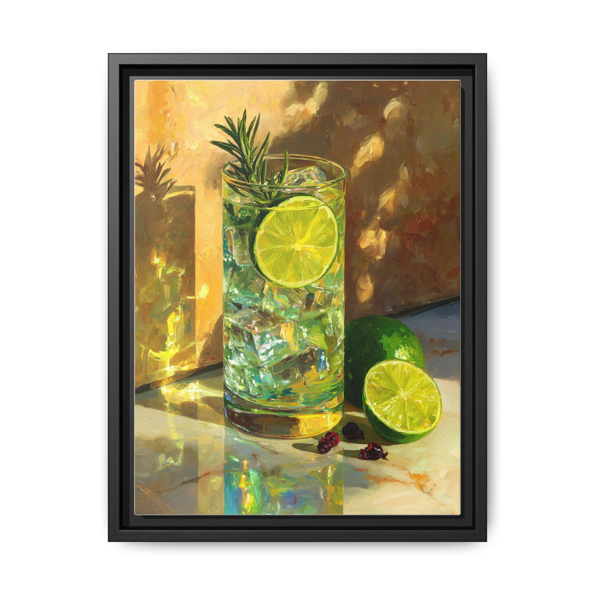 Gin and Tonic wall art framed canvas print in a black wood frame