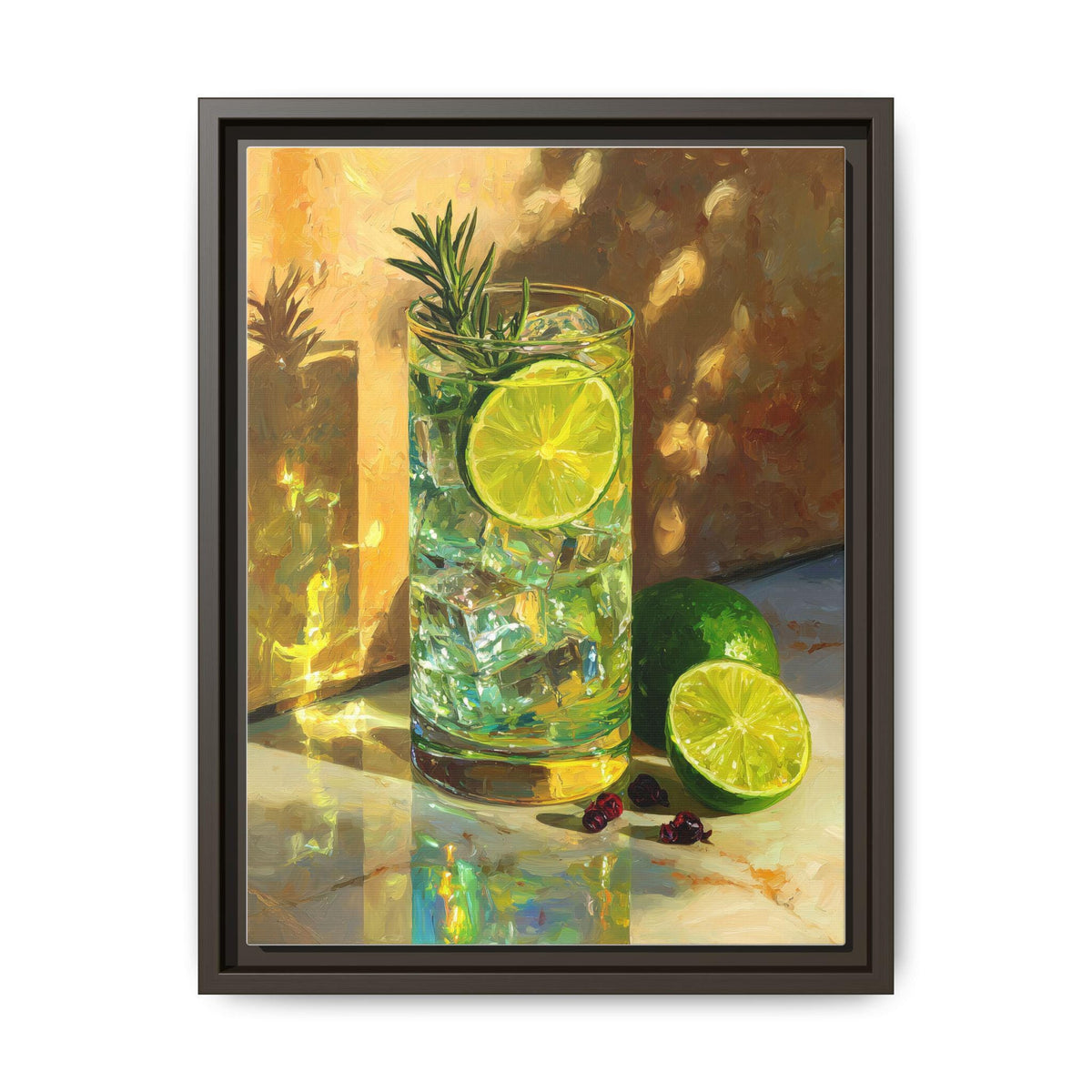 Gin and Tonic wall art framed canvas print in an espresso wood frame