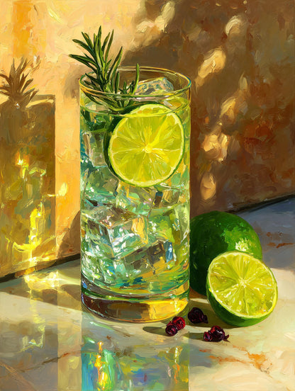 Painterly cocktail canvas print of a highball with citrus and condensation