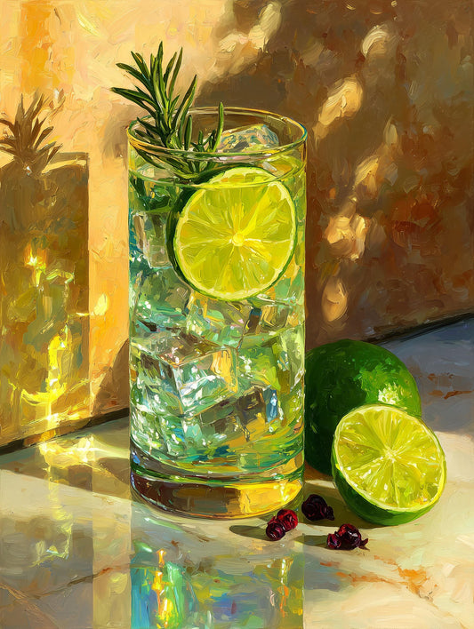 Painterly cocktail canvas print of a highball with citrus and condensation