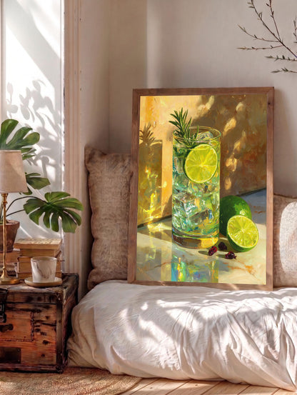 Oil-painting style home bar study in pale gold and lime green, made to order