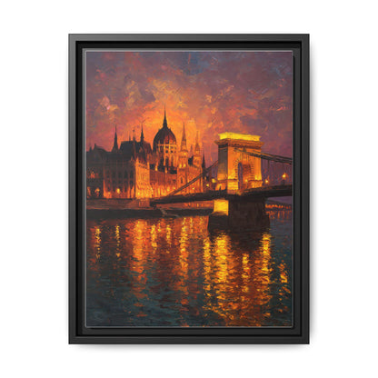 Budapest Parliament wall art framed canvas print in a black wood frame