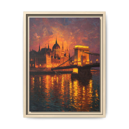Budapest Parliament wall art framed canvas print in a natural wood frame