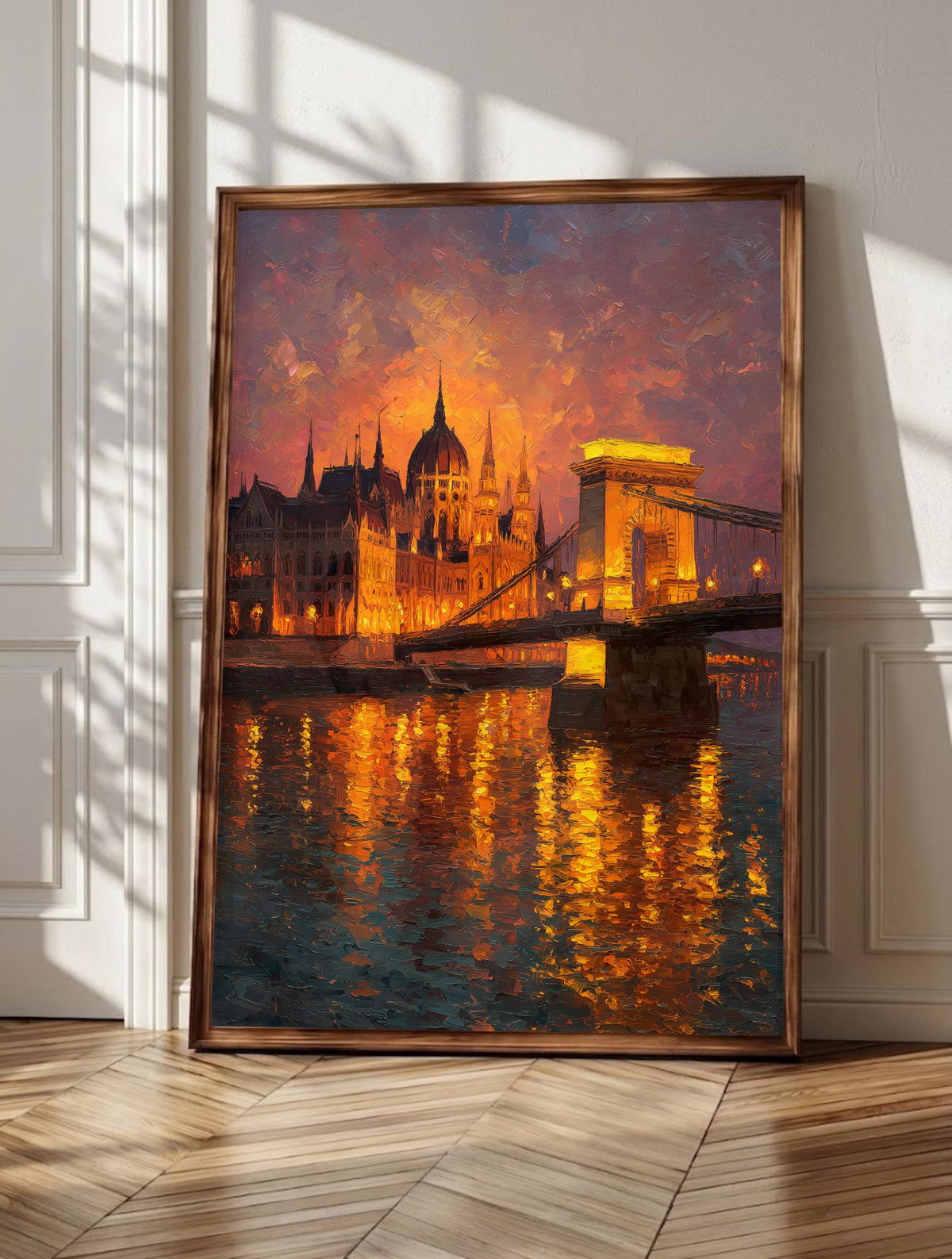 Budapest Parliament wall art: apricot and rose sunset on every Gothic spire, framed canvas