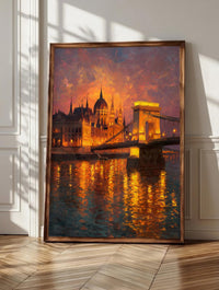 Budapest Parliament wall art: apricot and rose sunset on every Gothic spire, framed canvas