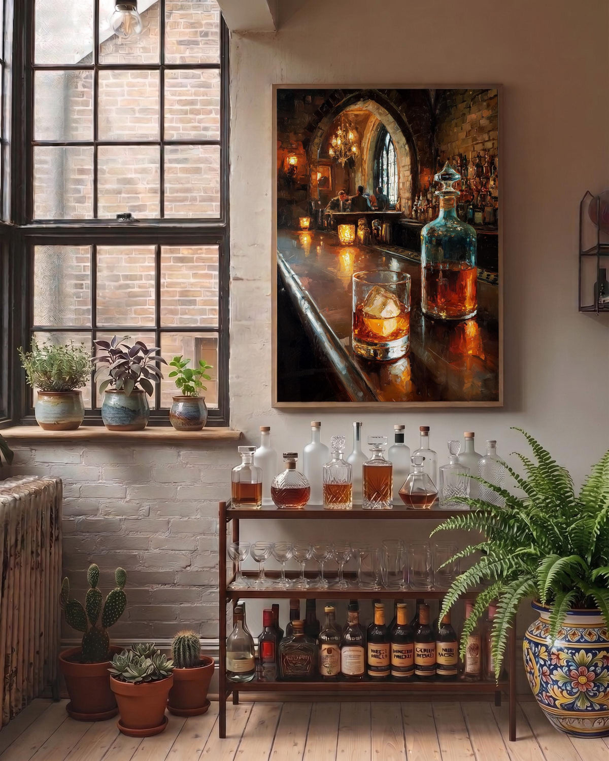 Oil-painting style whiskey still life on cotton canvas, made to order in seven sizes