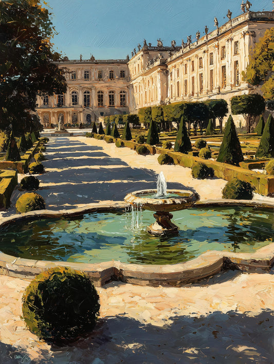 Painterly garden canvas print with clipped topiary lining the gravel paths