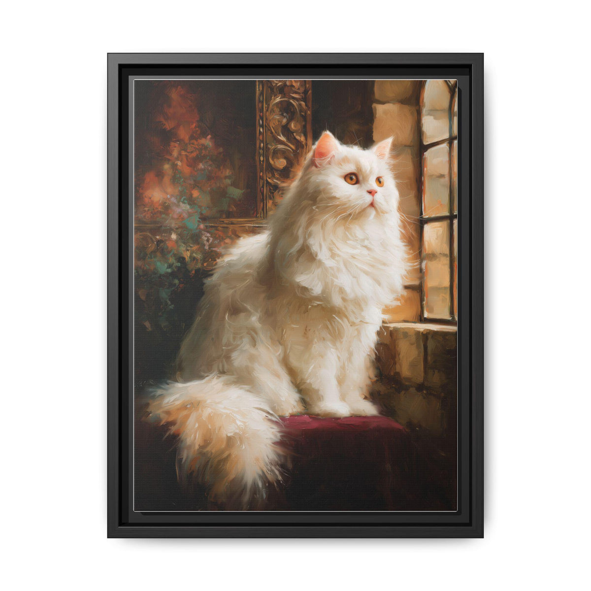 Persian Cat wall art framed canvas print in a black wood frame