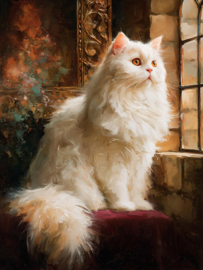Painterly Persian cat canvas print with long silver-white fur and amber eyes
