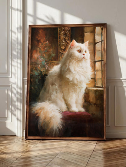 Persian cat wall art: a white Persian painted with old-world portrait poise