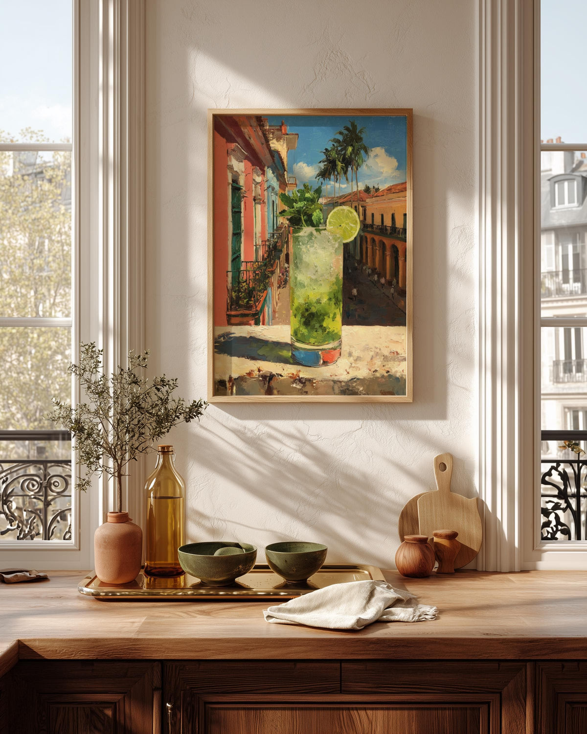 Oil-painting style Cuban drink study in mint green and coral, made to order