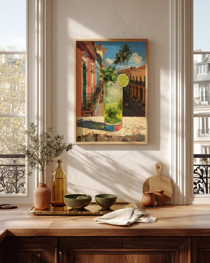 Oil-painting style Cuban drink study in mint green and coral, made to order