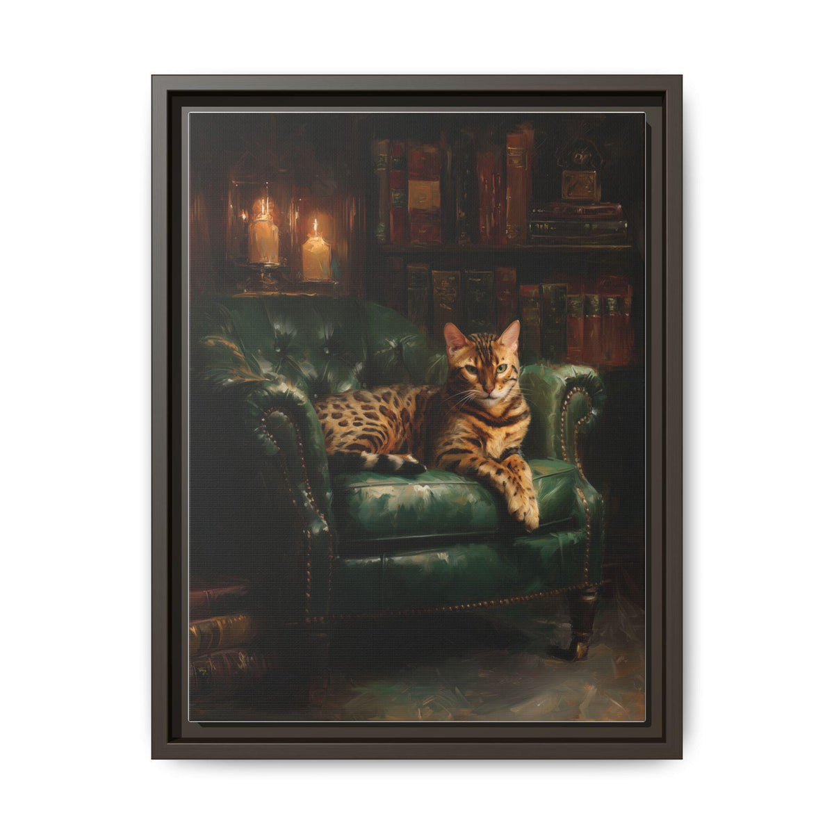 Bengal Cat wall art framed canvas print in an espresso wood frame