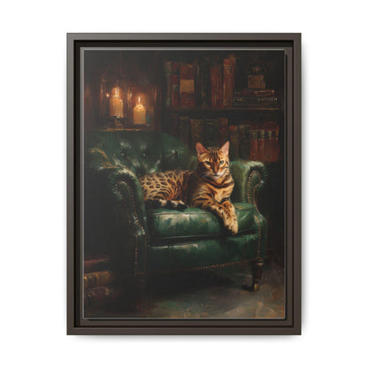 Bengal Cat wall art framed canvas print in an espresso wood frame