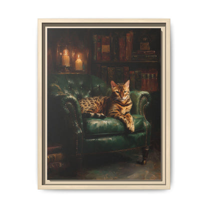 Bengal Cat wall art framed canvas print in a natural wood frame