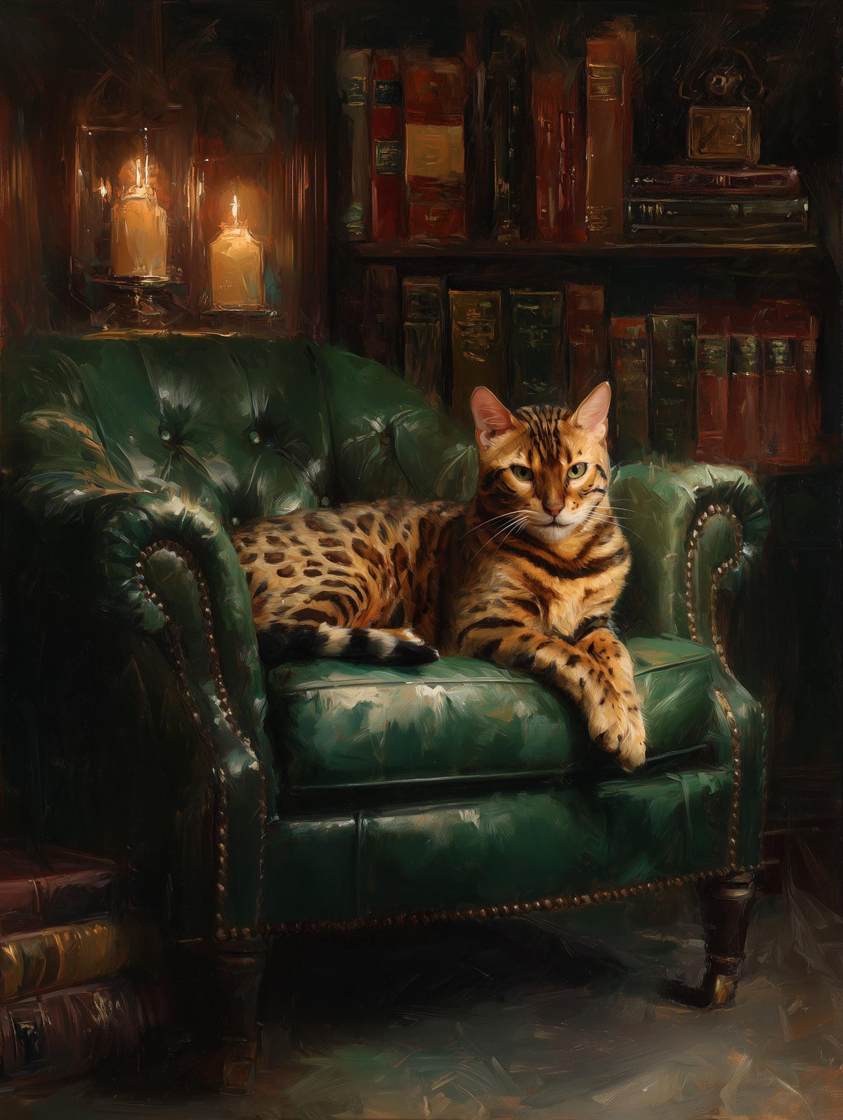 Painterly Bengal cat canvas print lit warmly by flickering candlelight