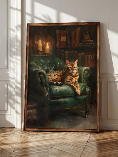 Bengal cat wall art: a rosetted golden coat and green eyes in full portrait, framed canvas