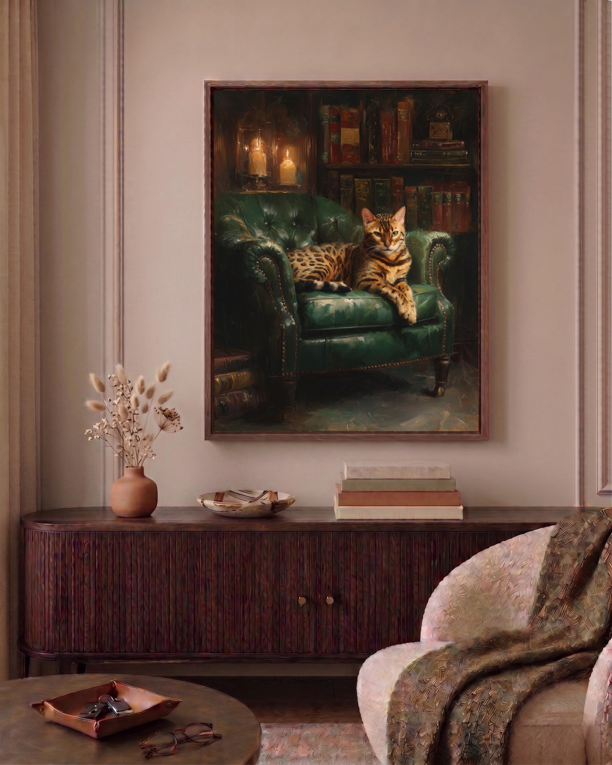 Feline portrait framed canvas art set in a solid wood frame, ready to hang